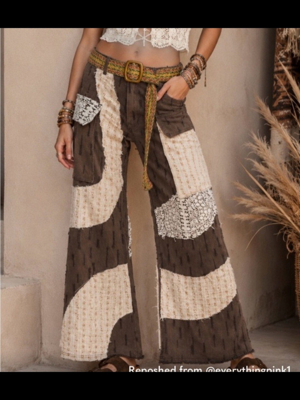 Boho Patchwork Wide-Leg Pants - Brown & Cream. POL BROWN DISTRESSED CROCHET